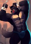  absurd_res anthro blep canid canine canis chain chained clothing gonnidae hi_res iidarkwolfgamer jockstrap male mammal muscular muscular_male piercing solo tongue tongue_out underwear wolf 