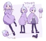  1boy 1girl black_footwear blush_stickers boots cape commentary covering_own_mouth dress drifloon grey_shorts hands_up highres long_sleeves mars_symbol multicolored_hair multiple_views nama_udon personification pokemon purple_cape purple_dress purple_eyes purple_hair shirt short_hair shorts suspender_shorts suspenders translated triangle_mouth two-tone_hair venus_symbol white_hair white_shirt 