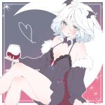  1girl :q absurdres ambiguous_red_liquid black_background black_jacket black_nightgown blue_hair breasts closed_mouth collarbone crescent_moon crossed_legs cup demon_ears dodosako drinking_glass from_side fur-trimmed_jacket fur_trim furina_(genshin_impact) genshin_impact gradient_hair highres holding holding_cup jacket light_blue_hair medium_breasts moon multicolored_hair nightgown off_shoulder red_background short_hair signature smile solo tongue tongue_out wavy_hair white_background white_hair wine_glass 