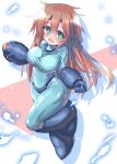  1girl arm_cannon blue_bodysuit blue_footwear blush bodysuit boots breasts brown_hair full_body genderswap genderswap_(mtf) gift_art green_eyes highres large_breasts long_hair mega_buster mega_man_(character) mega_man_(classic) mega_man_(series) smile solo weapon white_background yuuji_(itadon) 