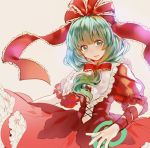  1girl arm_ribbon bow dress frilled_ribbon frills front_ponytail green_eyes green_hair hair_bow hair_ribbon here_(hr_rz_ggg) kagiyama_hina looking_at_viewer red_dress red_ribbon red_skirt ribbon simple_background skirt solo touhou 