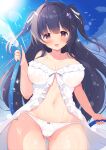  1girl :d ass_visible_through_thighs black_hair blue_sky blush breasts brown_eyes cameltoe cloud day dress hair_between_eyes hair_ribbon highres holding holding_hose hose kagerou_(shadowmage) long_hair looking_at_viewer medium_breasts navel no_bra open_clothes open_mouth open_shirt original outdoors panties ribbon sky smile solo standing stomach sundress sunlight thighs underwear very_long_hair wardrobe_malfunction water water_drop wet wet_clothes white_dress white_panties wide_hips 