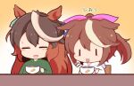  2girls animal_ears blush_stickers brown_background brown_hair cat&#039;s_tongue chair chibi closed_eyes cup gomashio_(goma_feet) gradient_background green_shirt hair_between_eyes hair_ribbon holding holding_cup hood hood_down hoodie horse_ears long_sleeves multicolored_hair multiple_girls on_chair pink_ribbon ponytail ribbon shirt small_sweatdrop streaked_hair sweat symboli_rudolf_(umamusume) tears tokai_teio_(umamusume) tongue tongue_out translation_request two-tone_hair umamusume upper_body white_background white_hair white_hoodie |_| 