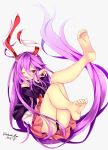  1girl animal_ears artist_name bangs bare_legs barefoot black_panties blazer bunny_ears chikuwa_savi fetal_position highres jacket lavender_hair long_hair long_sleeves necktie one_eye_closed panties purple_hair red_eyes red_neckwear reisen_udongein_inaba shirt simple_background touhou underwear very_long_hair white_background white_shirt 