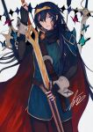  1girl belt blue_cape blue_eyes blue_gloves blue_hair brown_belt bug butterfly cape closed_mouth commentary_request falchion_(fire_emblem) fingerless_gloves fire_emblem fire_emblem_awakening gloves hair_between_eyes highres holding holding_sheath holding_sword holding_weapon kazuha_(kazuha1003) long_hair long_sleeves lucina_(fire_emblem) red_cape sheath signature solo sword tiara two-tone_cape weapon white_background 