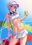  1girl a.i._voice absurdres ball blush breasts commentary_request highres holding_tennis_racket looking_at_viewer microskirt navel nicchi purple_eyes purple_hair racket short_hair_with_long_locks skirt small_breasts smile solo sports_bikini sportswear tennis_ball tennis_racket tennis_uniform toned visor_cap voiceroid yuzuki_yukari 