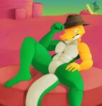  absurd_res anthro bulge candy clothing cowboy_hat crocodilian crotch_view dessert dexel&#039;s_arts food food_creature glitch_productions gummigoo_(tadc) gummy_(food) gummy_creature hand_on_hip hat headgear headwear hi_res holding_clothing holding_hat holding_headgear holding_headwear holding_object humanoid inviting living_candy looking_at_viewer lying male muscular muscular_male on_back reptile scalie serious serious_face simple_background solo spread_legs spreading tail the_amazing_digital_circus white_eyes 