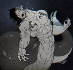  1boy abs arched_back black_hair cloaca earmuffs fingernails locksuke male_focus monster_boy muscle nipples open_mouth original red_eyes scales sharp_fingernails simple_background snake_boy snake_tail solo tail tattoo veins 