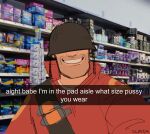  1boy artist_name commentary covered_eyes dloeza english_text explosive facing_viewer grenade grin hashtag-only_commentary helmet highres long_sleeves male_focus meme photo_background smile snapchat soldier_(tf2) solo supermarket team_fortress_2 teeth upper_body what_size_pussy_you_wear_(meme) 