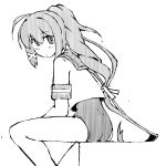  1girl ass commentary_request greyscale i-168_(kancolle) kantai_collection long_hair looking_at_viewer monochrome ponytail sailor_collar sailor_shirt school_uniform serafuku shirt short_sleeves solo swimsuit swimsuit_under_clothes task_(s_task80) 