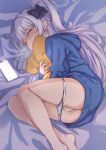  1girl barefoot bed_sheet blue_archive blue_halo blue_hoodie blush braid breasts cellphone closed_eyes female_masturbation fingering grey_hair halo highres hood hoodie large_breasts long_hair lying masturbation matsu520 miyako_(blue_archive) miyako_(young)_(blue_archive) on_side one_side_up panties panty_pull phone polka_dot polka_dot_panties smartphone solo underwear 