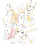  1girl all_fours animal_ears bakemonogatari bare_shoulders blonde_hair blush_stickers cat_ears cat_tail dress flat_chest highres long_hair looking_at_viewer monogatari_(series) multiple_views oshino_shinobu sakuya_(saqu09307728) simple_background smile smug tail white_background white_dress yellow_eyes 