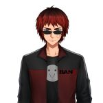  1boy bans black_jacket black_shirt blue_eyes closed_mouth collarbone commentary_request dice_earrings gradient_hair half-closed_eyes highres jacket k-suwabe looking_at_viewer looking_over_eyewear male_focus multicolored_clothes multicolored_eyes multicolored_hair multicolored_jacket official_art open_clothes open_jacket print_shirt red_eyes red_hair red_jacket scar scar_on_cheek scar_on_face second-party_source serious shirt short_hair simple_background smiley_face solo straight-on sunglasses symbol-shaped_eyes tenkai_tsukasa track_jacket upper_body v-shaped_eyebrows virtual_youtuber white_background 
