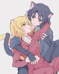  1boy 1girl animal_ear_fluff animal_ears ascot athrun_zala blonde_hair blue_hair blush cagalli_yula_athha cat_boy cat_ears cat_girl cat_tail couple ebifry_5 green_eyes gundam gundam_seed gundam_seed_destiny gundam_seed_freedom hetero highres hug hug_from_behind intertwined_tails jacket kemonomimi_mode pants shirt short_hair smile suit tail yellow_eyes 