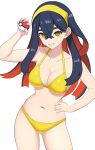  1girl arm_up bikini black_hair breasts carmine_(pokemon) cleavage colored_inner_hair cowboy_shot crossed_bangs grin hair_between_eyes hairband hand_on_own_hip highres holding holding_poke_ball long_hair medium_breasts mole mole_under_eye multicolored_hair navel poke_ball poke_ball_(basic) pokemon pokemon_sv red_hair simple_background smile solo surippa1010 swimsuit two-tone_hair white_background yellow_bikini yellow_hairband 