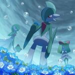  blurry blurry_background colored_skin evolutionary_line flower flower_bed gallade gardevoir green_skin holding holding_flower holding_hands kirlia mountain multicolored_skin pokemon pokemon_(creature) rain ralts red_eyes red_skin wataame4907 water_drop white_skin 