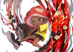  1girl bike_shorts black_footwear black_shorts dark-skinned_female dark_skin green_eyes koike3582 long_hair octoling octoling_girl octoling_player_character red_hair shirt shoes short_sleeves shorts simple_background sloshing_machine_(splatoon) solo splatoon_(series) suction_cups tentacle_hair two-tone_footwear white_background white_footwear yellow_shirt 