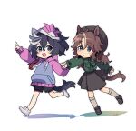  2girls :d aged_down animal_ears beret black_footwear black_hair black_shorts black_skirt blue_eyes brown_hair ear_covers fig_(lchijiku) green_shirt hair_between_eyes hair_ornament hat highres holding_hands hood hooded_sweater hoodie horse_ears horse_girl horse_tail katsuragi_ace_(umamusume) loafers long_hair looking_at_another mejiro_palmer_(umamusume) multicolored_hair multiple_girls official_alternate_costume pink_hoodie pointing ponytail raglan_sleeves shirt shoes shorts signature simple_background skirt smile socks streaked_hair sweater tail tassel tassel_hair_ornament umamusume white_background white_footwear white_hair 