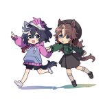  2girls :d aged_down animal_ears beret black_footwear black_hair black_shorts black_skirt blue_eyes brown_hair ear_covers fig_(lchijiku) green_shirt hair_between_eyes hat highres holding_hands hood hooded_sweater hoodie horse_ears horse_girl horse_tail katsuragi_ace_(umamusume) loafers long_hair looking_at_another mejiro_palmer_(umamusume) multicolored_hair multiple_girls official_alternate_costume pink_hoodie pointing ponytail raglan_sleeves shirt shoes shorts signature simple_background skirt smile socks streaked_hair sweater tail umamusume white_background white_footwear white_hair 