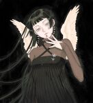  1girl artemisia_re black_background black_dress black_hair blending commentary criss-cross_halter dress earrings feathered_wings finger_to_mouth green_eyes halterneck highres hime_cut jewelry long_hair looking_at_viewer original see-through simple_background solo white_wings wings 