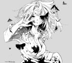  1girl bandaid bandaid_on_face blood bloody_clothes breasts bug butterfly cleavage grey_background greyscale highres insect long_hair looking_at_viewer mole mole_under_mouth monochrome open_clothes open_shirt original sasami_(ki) shirt_grab smile solo 