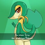 anthro b-intend butt english_text female generation_5_pokemon gesture green_body hand_gesture looking_at_viewer multicolored_body nintendo nude pokemon pokemon_(species) red_eyes smile smiling_at_viewer snivy solo tan_body text v_sign yellow_body