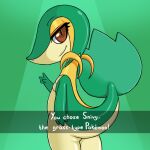  anthro b-intend butt english_text female generation_5_pokemon gesture green_body hand_gesture looking_at_viewer multicolored_body nintendo nude pokemon pokemon_(species) red_eyes smile smiling_at_viewer snivy solo tan_body text v_sign yellow_body 