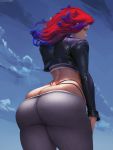  1girl absurdres arched_back ass ass_focus blue_eyes blue_hair butt_crack cloud crop_top cropped_jacket cutesexyrobutts from_behind g-string gradient_hair highleg highleg_panties highres huge_ass huge_filesize jacket leather leather_jacket long_hair looking_at_viewer looking_back looking_down lowleg lowleg_pants multicolored_hair original paid_reward panties pants patreon_reward red_hair skindentation solo thick_thighs thighs thong tight tight_pants two-tone_hair underwear 