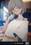 1girl absurdres belt bespectacled blue_eyes collarbone commentary_request dated fly_iadiial glasses grey_hair highres indoors looking_at_viewer love_live! love_live!_superstar!! orange-tinted_eyewear shirt short_hair short_sleeves solo standing tang_keke tinted_eyewear tongue tongue_out upper_body white_shirt wide_sleeves yellow_belt 