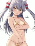  1girl alternate_costume amatsukaze_(kancolle) bikini breasts brown_eyes cowboy_shot dated embarrassed gold_bikini grey_hair hair_tubes highres kantai_collection long_hair montemasa navel one-hour_drawing_challenge simple_background small_breasts solo swimsuit twitter_username two_side_up white_background 