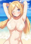  1girl aki_rosenthal arms_behind_head arms_up bikini blue_eyes blurry blurry_background blush breasts covered_nipples hair_ornament highres hololive kazuma_(kazumav) large_breasts long_hair looking_at_viewer low_twintails navel one_eye_closed smile solo sweat swimsuit twintails upper_body white_bikini 