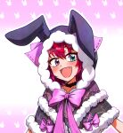  1girl :d animal_hood black_capelet black_choker blue_eyes blush bow bowtie capelet choker commentary cross-shaped_pupils ddolbang english_commentary fangs fur-trimmed_capelet fur_trim heterochromia highres hololive hololive_english hood hood_up hooded_capelet irys_(casualrys)_(hololive) irys_(hololive) layered_capelet looking_at_viewer multicolored_hair official_alternate_costume open_mouth pink_bow pink_bowtie pink_eyes rabbit_hood red_hair smile solo streaked_hair symbol-shaped_pupils upper_body virtual_youtuber 