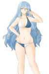  1girl ass_visible_through_thighs azura_(fire_emblem) bare_shoulders bikini blue_hair blush breasts closed_mouth collarbone curvy disappointed eyebrows_visible_through_hair facing_viewer fire_emblem fire_emblem_fates fire_emblem_heroes frown hair_between_eyes hair_ornament hand_on_hip highres holding holding_hair light_blue_hair light_blush long_hair looking_at_viewer navel scowl small_breasts solo swimsuit thighs transparent_background tridisart very_long_hair yellow_eyes 