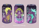  can commentary creature energy_drink english_commentary english_text gen_8_pokemon green_eyes grey_background horn horns looking_at_viewer no_humans pokemon pokemon_(creature) pun purple_theme rose_(jaakotodile) simple_background still_life toxel toxtricity 