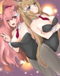  2girls animal_ears blonde_hair breasts cat_ears character_request cleavage closed_mouth highres leotard long_hair looking_at_viewer multiple_girls nail_polish open_mouth perisie_(star_ocean) pika_nt pink_hair ponytail star_ocean star_ocean_first_departure v 