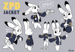  2017 anthro badge bodily_fluids buckteeth clothed clothing dialogue dipstick_ears disney duo eyes_closed female fur gesture grey_background gun hands_in_pockets holding_gun holding_object holding_weapon judy_hopps lagomorph leporid looking_at_viewer looking_back mammal multicolored_ears multiple_poses open_mouth pockets pointing police_uniform pose rabbit ranged_weapon rear_view restricted_palette rikuta_tp running simple_background smile sweat teeth text uniform weapon zootopia 