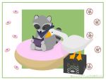  4:3 anatid anseriform anserinae avian bird bk_(donut_county) donut_county doughnut duo feathers feral food fur goose goose_(untitled_goose_game) grey_body grey_fur hi_res holding_object mammal procyonid raccoon simple_background untitled_goose_game white_body white_feathers 