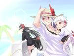  2girls beach black_wings bra_strap demon_girl demon_tail dress glasses gospel_(musuko_ga_kawaikute_shikatanai_mazoku_no_hahaoya) green_eyes haikawa_(yukisame) hat horns_through_headwear looking_away lorem_(musuko_ga_kawaikute_shikatanai_mazoku_no_hahaoya) merii_(musuko_ga_kawaikute_shikatanai_mazoku_no_hahaoya) mother_and_son multiple_girls musuko_ga_kawaikute_shikatanai_mazoku_no_hahaoya red_eyes red_horns semi-rimless_eyewear siblings sisters summer sun_hat sweater sweater_dress tail under-rim_eyewear wings 