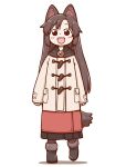  1girl :d animal_ear_fluff animal_ears bangs black_footwear black_scarf blush boots brown_hair coat eyebrows_visible_through_hair full_body fur-trimmed_boots fur_trim gem imaizumi_kagerou long_hair long_sleeves looking_at_viewer open_mouth poronegi red_eyes red_skirt scarf simple_background skirt smile solo standing standing_on_one_leg tail touhou very_long_hair white_background winter_clothes winter_coat wolf_ears wolf_tail younger 