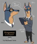  alternate_species anthro barefoot biped canid canine canis clipboard clothing crossover disney domestic_dog english_text eyewear glasses japanese_text kingsman_the_secret_service male mammal merlin_(kingsman) necktie open_mouth rikuta_tp solo sweater text topwear translated zootopia 