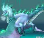  2019 ambiguous_gender auroth_the_winter_wyvern bioluminescence biped claws digital_media_(artwork) digitigrade dota dota2 dragon glowing hair hi_res looking_at_viewer open_mouth reptile scales scalie simple_background smile solo steam text thick_thighs tongue video_games wide_hips wingedwilly wings wyvern 