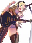  1girl :d blonde_hair bra bracelet breasts covered_nipples electric_guitar flying_sweatdrops from_below garter_belt green_eyes grey_bra grey_panties guitar hand_up headphones highres hisho_collection holding holding_instrument instrument jewelry les_paul looking_at_viewer looking_down medium_breasts microphone microphone_stand music nagisa_kurousagi open_mouth panties playing_instrument short_hair simple_background smile standing thighhighs underwear white_background wristband 