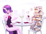  alternate_hair_color breasts chair creature cup dress drinking drinking_straw flower gardevoir gen_3_pokemon holding holding_cup looking_at_another marikbentusi missingno. napkin no_humans plate pokemon pokemon_(creature) purple_dress purple_eyes purple_hair sitting small_breasts table 