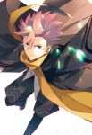  1boy black_legwear black_pants blue_eyes coat copyright_name hair_between_eyes highres id_:invaded long_sleeves looking_at_viewer male_focus pants pink_hair running scarf spiked_hair takerusilt white_background yellow_scarf 