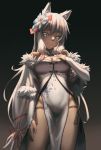  1girl animal_ear_fluff animal_ears bangs bare_shoulders breasts brown_eyes china_dress chinese_clothes cleavage cleavage_cutout closed_mouth commentary_request covered_navel dark_skin detached_sleeves dress eyebrows_visible_through_hair flower girls_frontline hair_between_eyes hair_flower hair_ornament hair_ribbon hand_up highres hironii_(hirofactory) long_hair long_sleeves looking_at_viewer m590_(girls_frontline) medium_breasts nail_polish pelvic_curtain pink_nails print_dress red_ribbon ribbon sidelocks sleeveless sleeveless_dress sleeves_past_wrists smile solo very_long_hair white_dress white_flower white_hair white_sleeves 