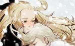  1boy 1girl ahoge blonde_hair blush bow bravely_default:_flying_fairy bravely_default_(series) closed_mouth commentary_request edea_lee green_eyes hair_bow long_hair maccory ringabel snow winter_clothes 