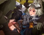 1girl animal_ears arknights armband armor belt belt_pouch blush bound chain gloves grani_(arknights) grey_hair imminent_rape knee_pads knife penis pouch purple_eyes restrained tears testame torn_clothes visor 