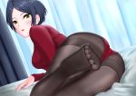  1girl :0 ass bangs bed bed_sheet black_legwear blue_hair curtains delta6-k-a ear_piercing hayami_kanade highres idolmaster idolmaster_cinderella_girls indoors leotard long_sleeves looking_at_viewer lying nail_polish on_bed on_side open_mouth pantyhose parted_bangs piercing ribbed_leotard ribbed_sweater short_hair solo sweater thighband_pantyhose turtleneck_leotard uniqlo yellow_eyes 