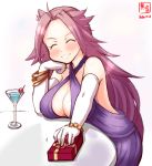  1girl alternate_costume artist_logo box breast_rest breasts cleavage_cutout closed_eyes commentary_request dated dress facing_viewer gift grin highres jun&#039;you_(kantai_collection) kanon_(kurogane_knights) kantai_collection large_breasts long_hair purple_dress purple_hair simple_background smile solo spiked_hair table white_background 