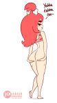  1girl animated animated_gif ass ass_support bare_shoulders barefoot black_eyes blush bone_in_hair bottomless diives english_text from_behind hair_ornament highres legs long_hair long_legs looking_at_viewer looking_back pebbles_flintstone ponytail pussy red_hair simple_background smile solo spread_ass the_flintstones thighs uncensored white_background 